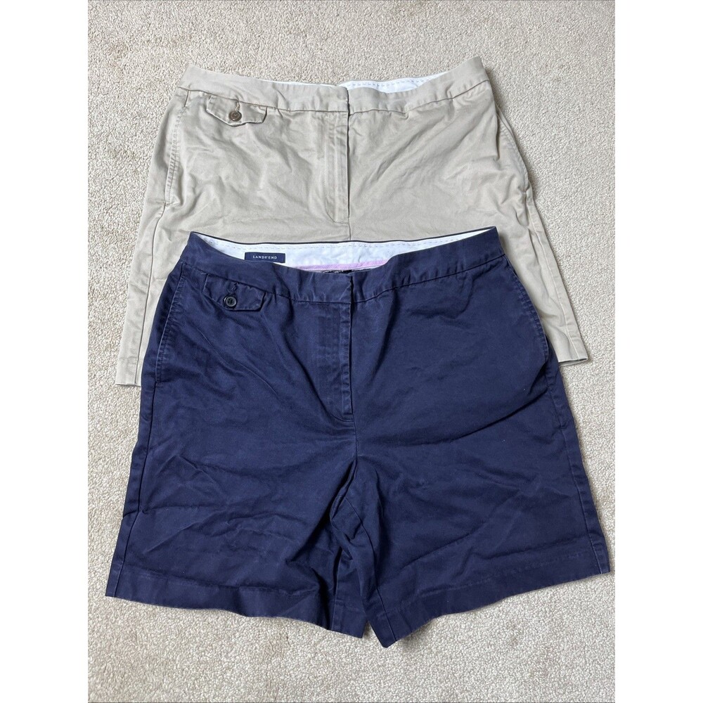 2 LL Bean Women Shorts 12 (34x7)‎ Cotton Flat Front Chino Navy & Tan Outdoor